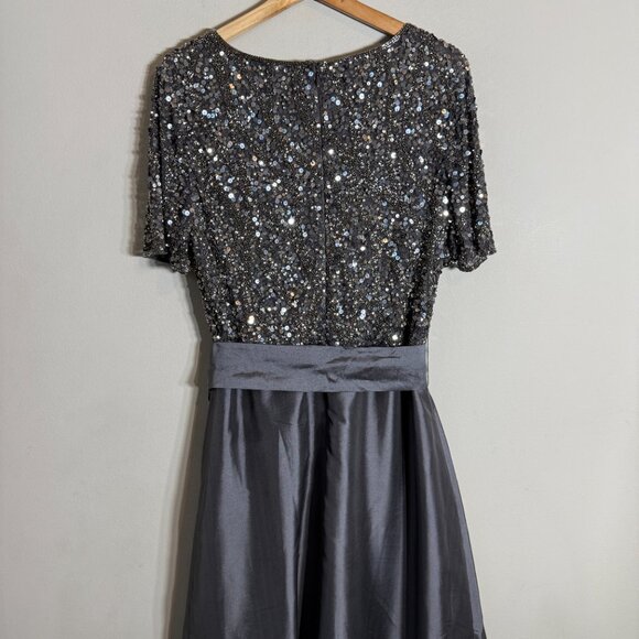 Pisarro Nights Beaded Bodice Satin Maxi Gown Women's 14 Gray Formal Wedding NWT - Picture 12 of 16